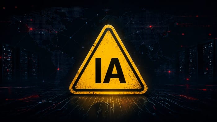 Señal de advertencia sobre IA en un entorno digital global