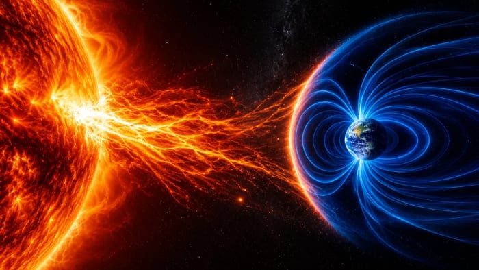 Tormenta solar impactando el campo magnético de la Tierra en el espacio