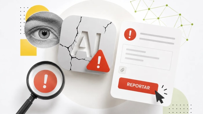Iconos de alerta y formulario para reportar fallos de inteligencia artificial.