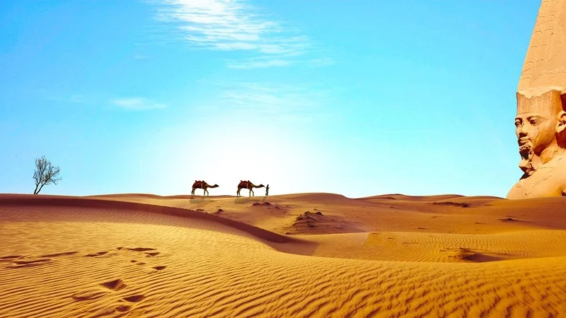 Caravana de camellos cruzando dunas ondulantes en el Desierto del Sahara bajo un cielo azul claro con la imagen de una esfinge monumental al fondo