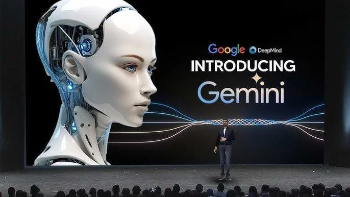 Robot humanoide con elementos cibernéticos presentado en un escenario con el logotipo de Google DeepMind y la palabra 'INTRODUCING Gemini'.