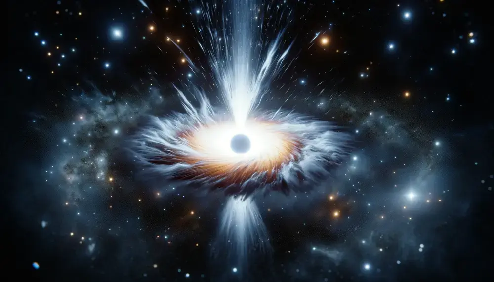 Explosión realista de un agujero blanco en el espacio, con luz y partículas emanando contra un fondo de estrellas y galaxias distantes.