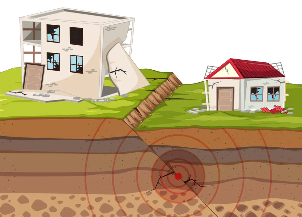 Ilustración de los efectos de un sismo con una casa intacta y otra dañada por la fractura de la tierra.