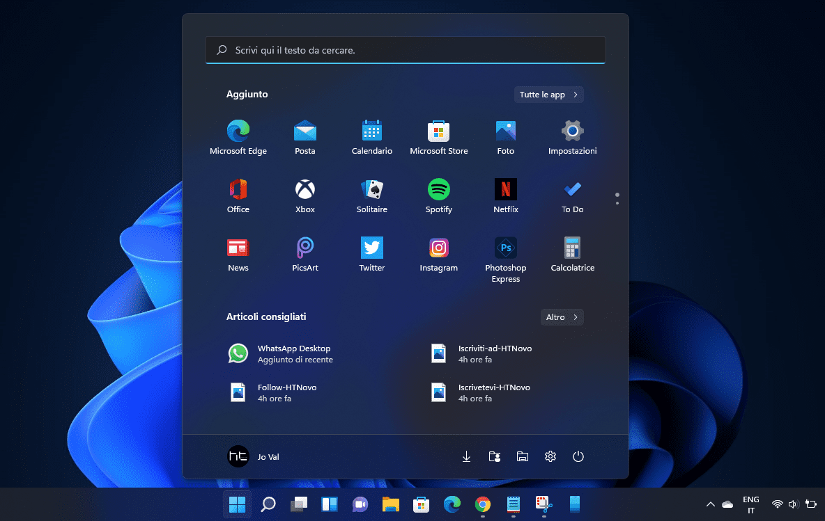 Captura de pantalla del menú de inicio de Windows 11 mostrando una interfaz de usuario oscura con aplicaciones como Edge, Office, Spotify y más.