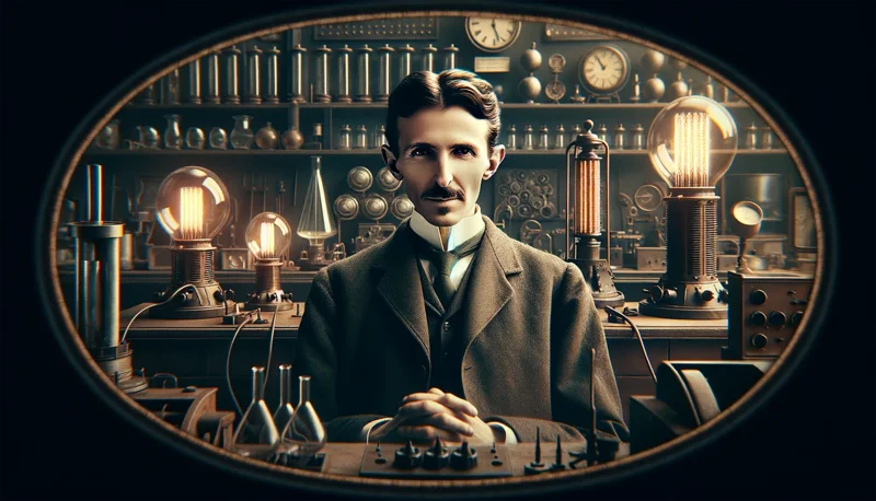 Representación de Nikola Tesla en su laboratorio con inventos como la bombilla y la bobina de Tesla.