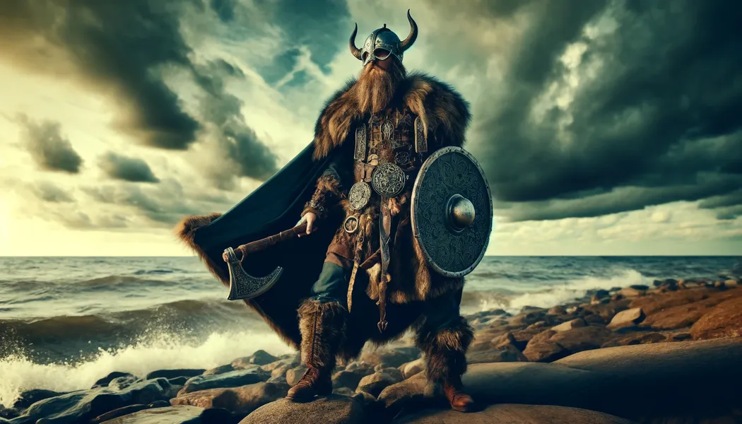 Un guerrero vikingo en atuendo tradicional frente a un mar tempestuoso, simbolizando fuerza y exploración