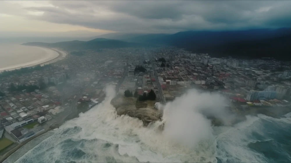 Un tsunami devastando una ciudad costera