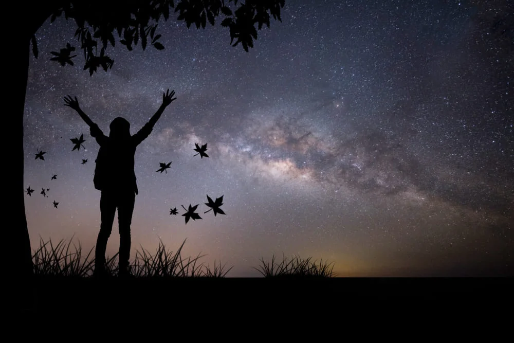 Persona mirando al cielo estrellado en una noche despejada, contemplando la inmensidad del universo y reflexionando sobre la posibilidad de vida extraterrestre.