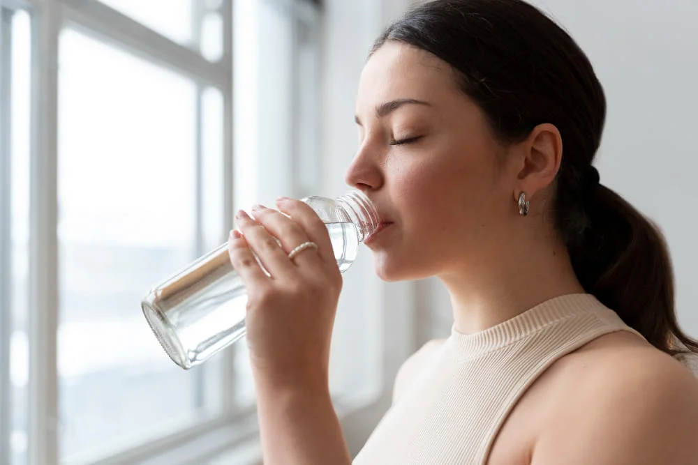 Imagen de una mujer bebiendo agua de una botella de cristal.