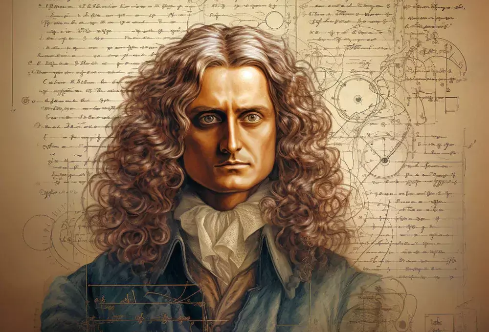 Retrato ilustrado de Isaac Newton con diagramas de sus trabajos científicos en el fondo