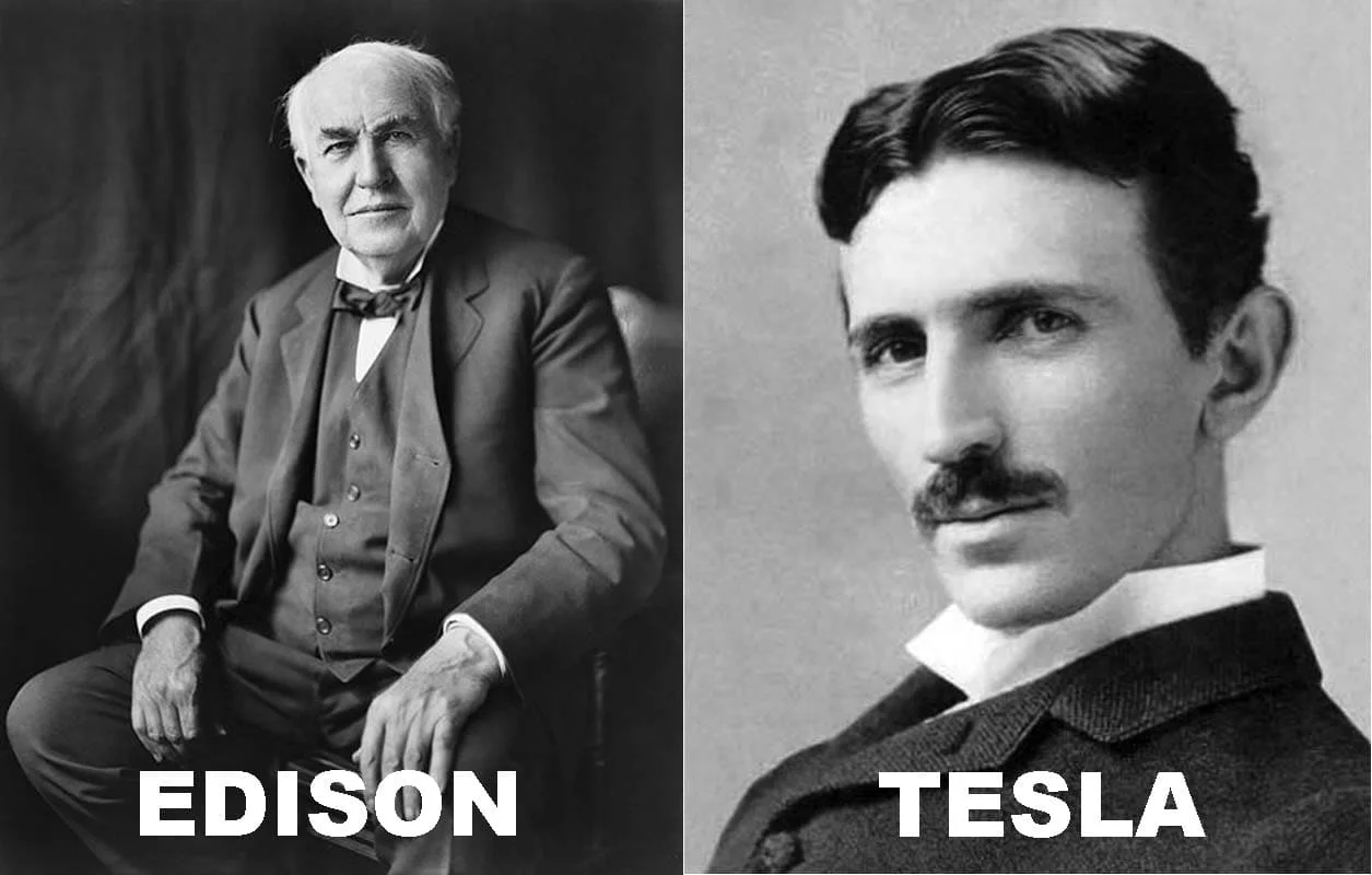 Nikola Tesla y Thomas Edison, dos figuras icónicas de la ingeniería eléctrica.