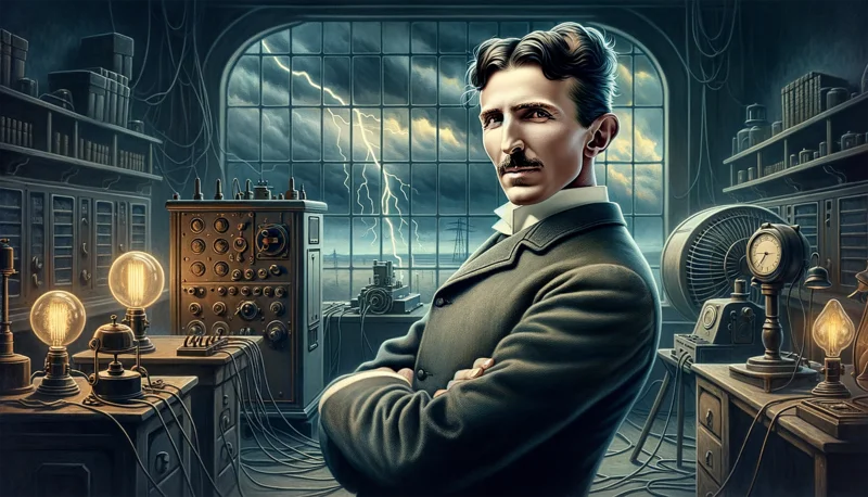 Ilustración de Nikola Tesla con brazos cruzados en su laboratorio con bombillas encendidas y relámpagos en el fondo.