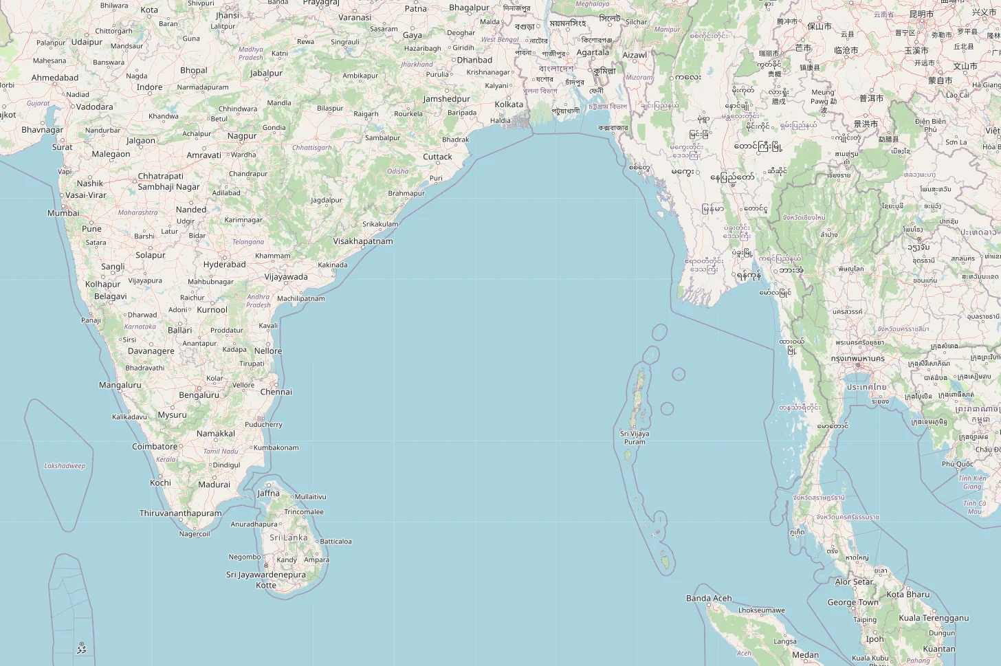 Mapa de la Bahía de Bengala, situada entre India y Bangladesh, con regiones costeras