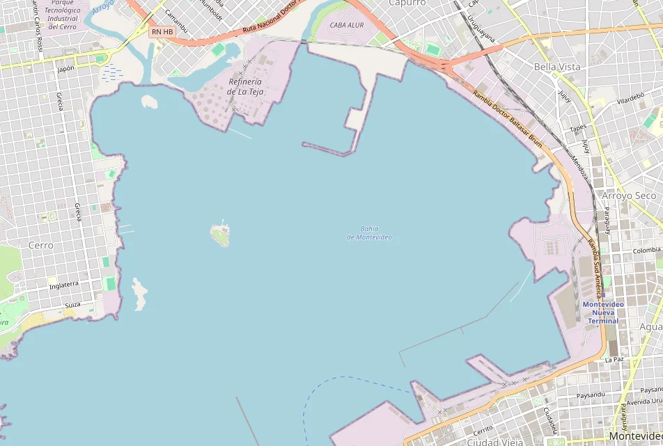 Mapa de la Bahía de Montevideo, Uruguay, con detalles de la ciudad y el puerto