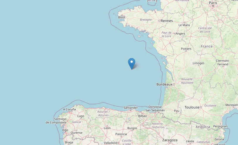 Mapa de la Bahía de Biscay, situada entre Francia y España, con detalles costeros