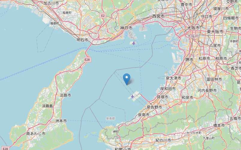 Mapa de la Bahía de Osaka, Japón, destacando las ciudades costeras y el puerto