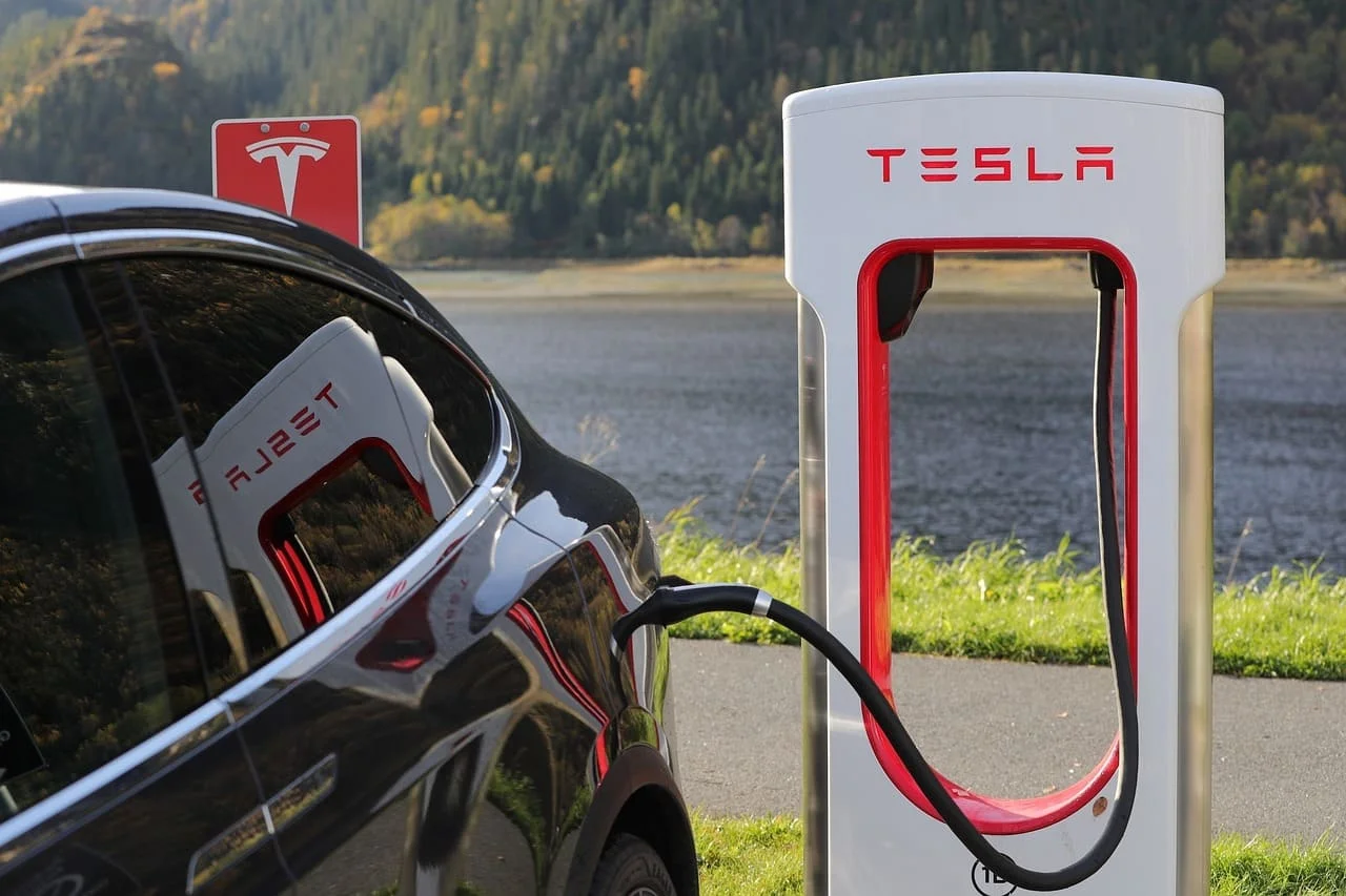 Vehículo eléctrico Tesla conectado a una estación de carga, con un paisaje natural de fondo.
