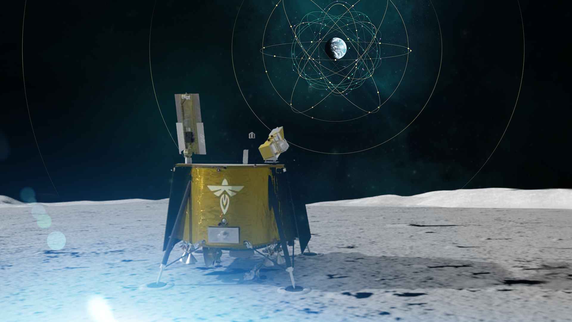 Representación ficticia del módulo de aterrizaje lunar Blue Ghost equipado con LuGRE, diseñado para pruebas de navegación lunar.