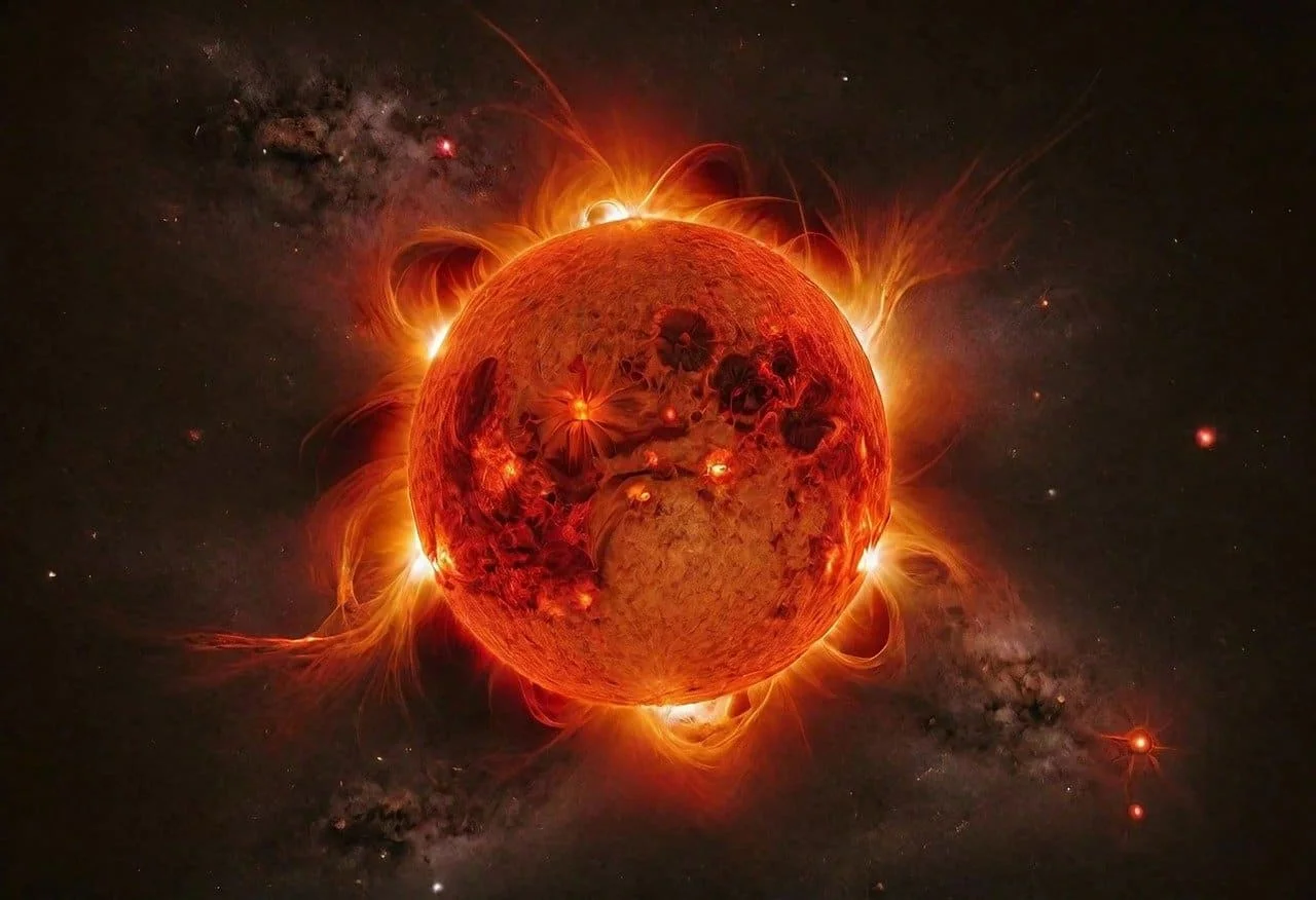 Imagen del Observatorio de Dinámica Solar artística mostrando bucles coronales sobre una región activa del Sol.