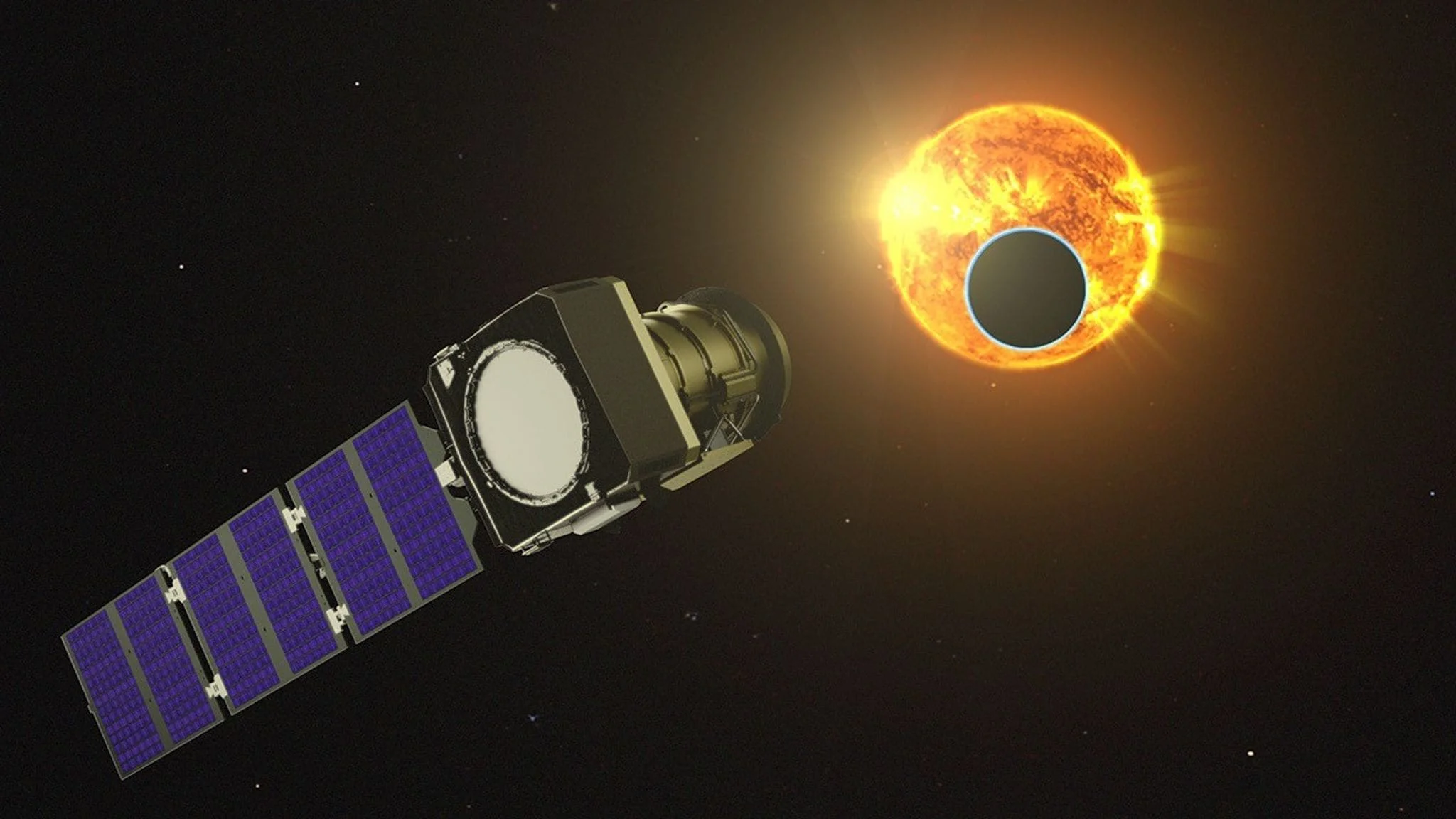 Una concepción artística de la misión Pandora observando una estrella y su exoplaneta en tránsito, mostrando la nave sin la manta térmica que la protegerá en el espacio.