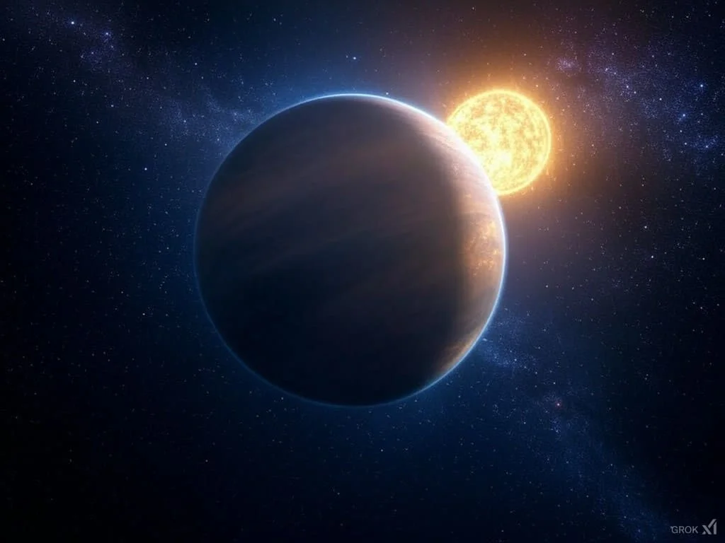 Representación artística de un exoplaneta masivo orbitando una estrella lejana.