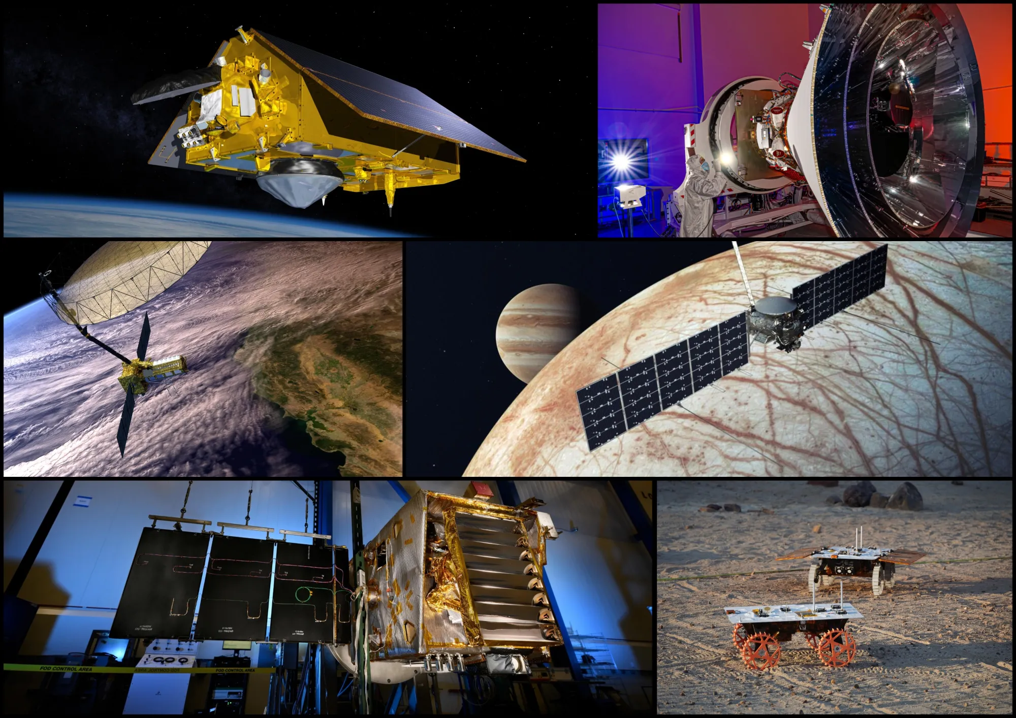 Collage artístico de naves espaciales y satélites preparados para lanzamientos en 2025, gestionados por el JPL de la NASA.