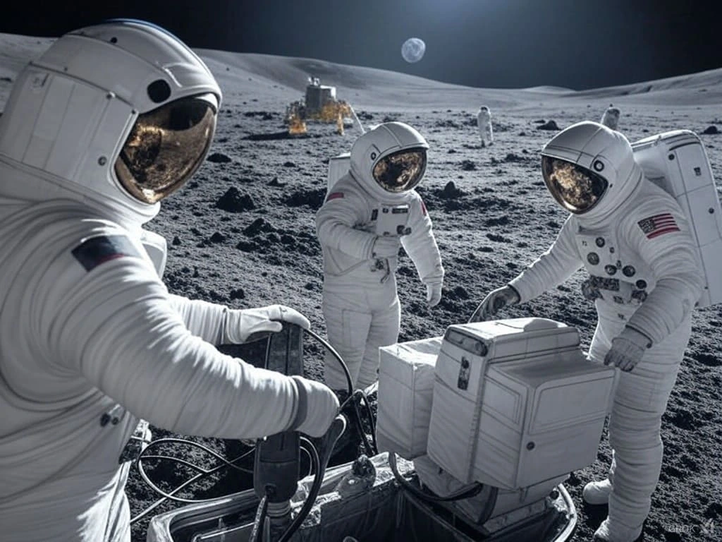Astronautas gestionando equipos en la superficie lunar durante una misión futura.