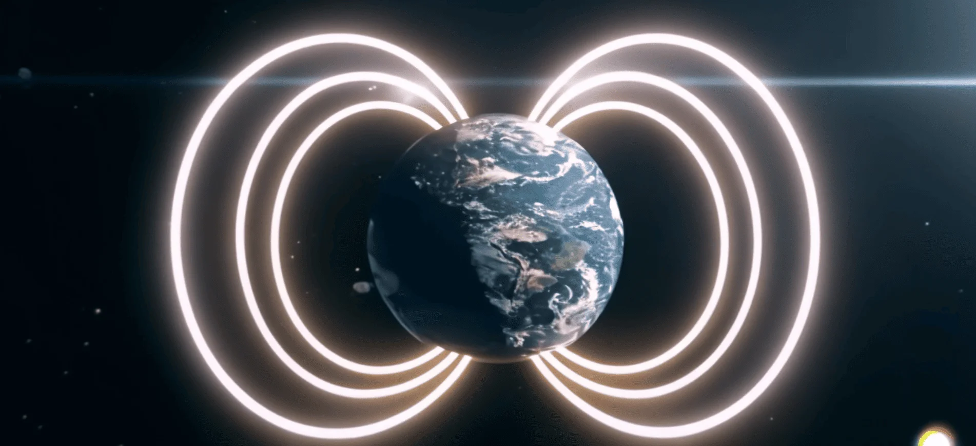 Representación gráfica del campo magnético terrestre alrededor del planeta Tierra en el espacio.