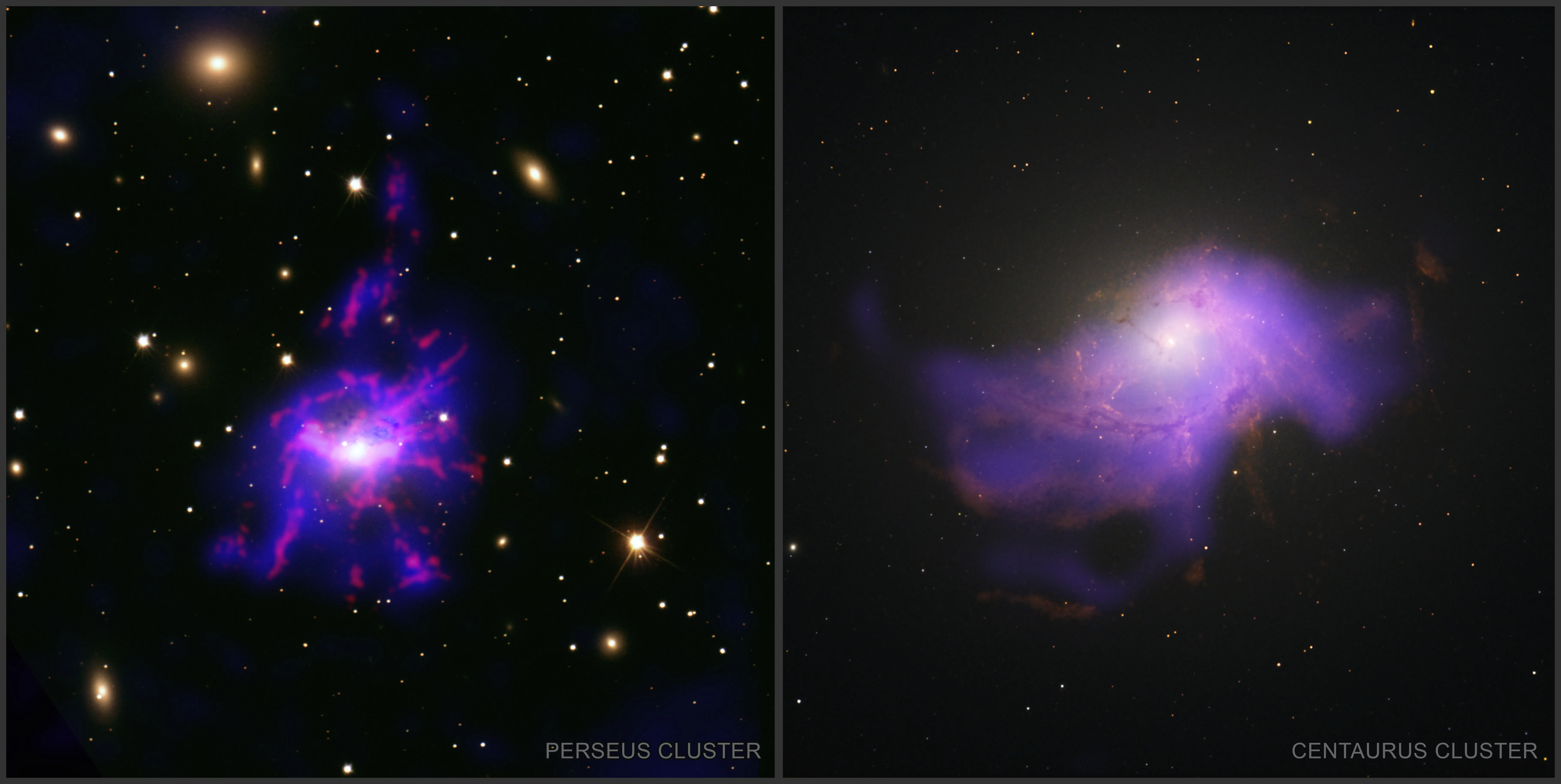 Imagen compuesta de los cúmulos de galaxias Perseo y Centaurus, mostrando filamentos de gas caliente y frío en colores azul y rojo.
