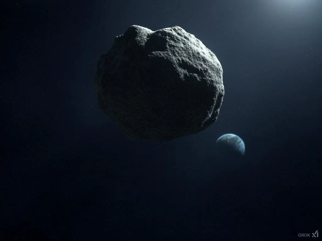 Representación de un asteroide acercándose a la Tierra en un cielo oscuro, resaltando su posible riesgo de impacto.