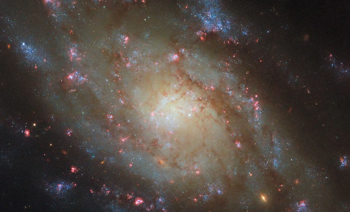 Imagen capturada por el telescopio Hubble de la galaxia espiral NGC 5042, mostrando sus brazos espirales llenos de estrellas jóvenes y gas ionizado, con colores vibrantes en tonos rojos y azules.