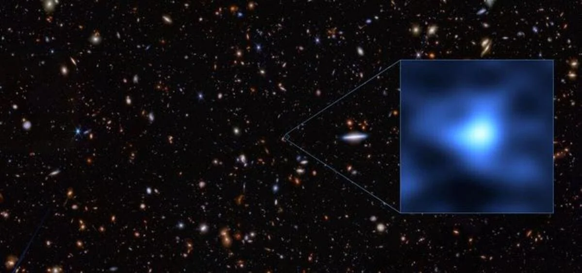 Ubicación de la galaxia JADES-GS-z14-0 en la constelación de Fornax, observada con ALMA y el Telescopio Espacial James Webb.