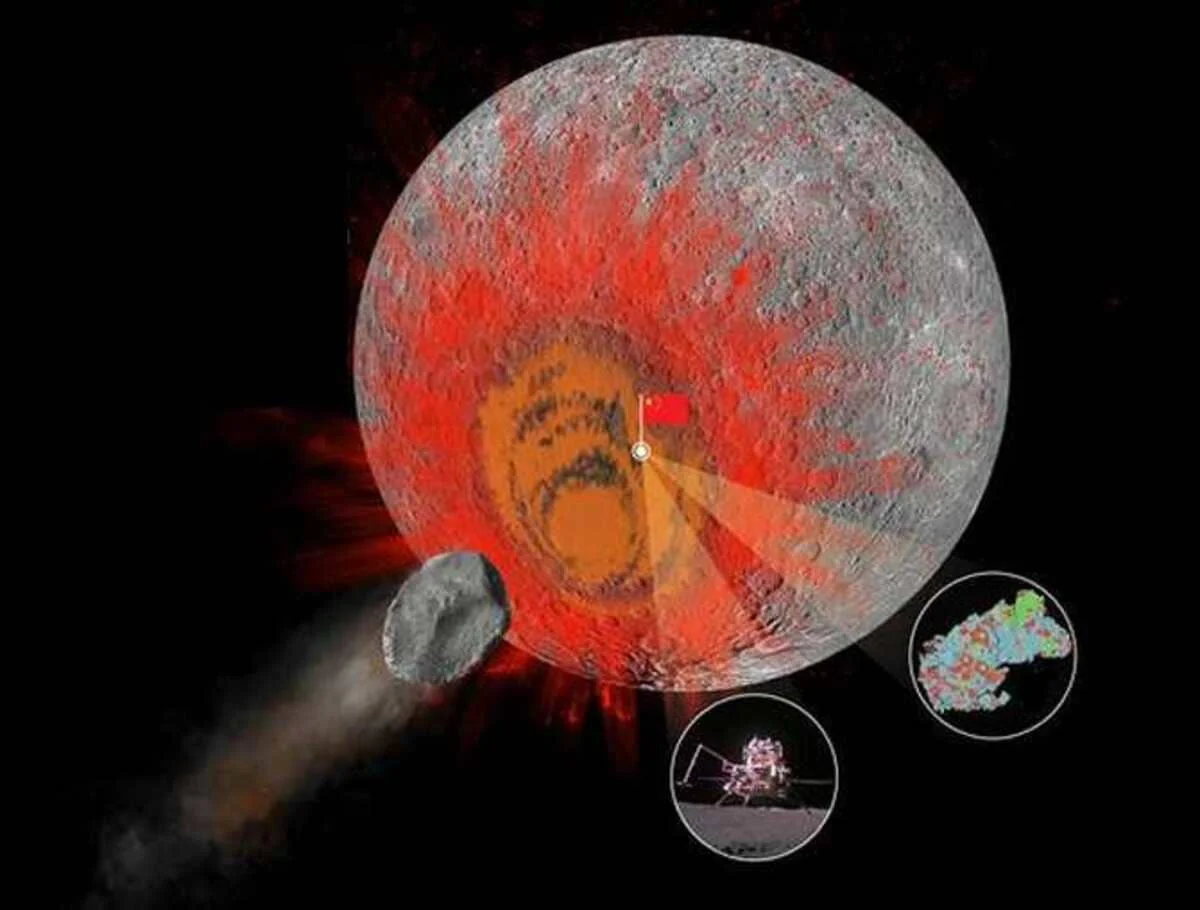 Representación del impacto que formó la cuenca Aitken y el lugar de aterrizaje de Chang’e-6