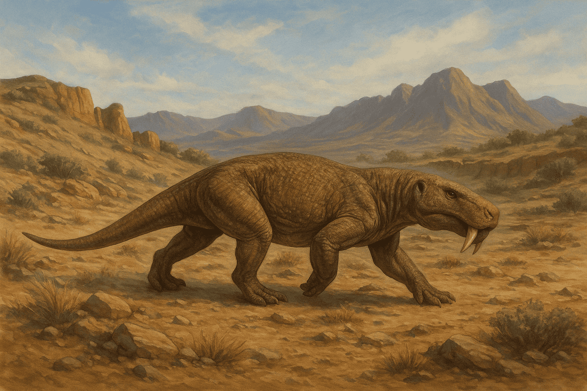 Reconstrucción artística de un gorgonopsiano en su hábitat del Pérmico en Mallorca.