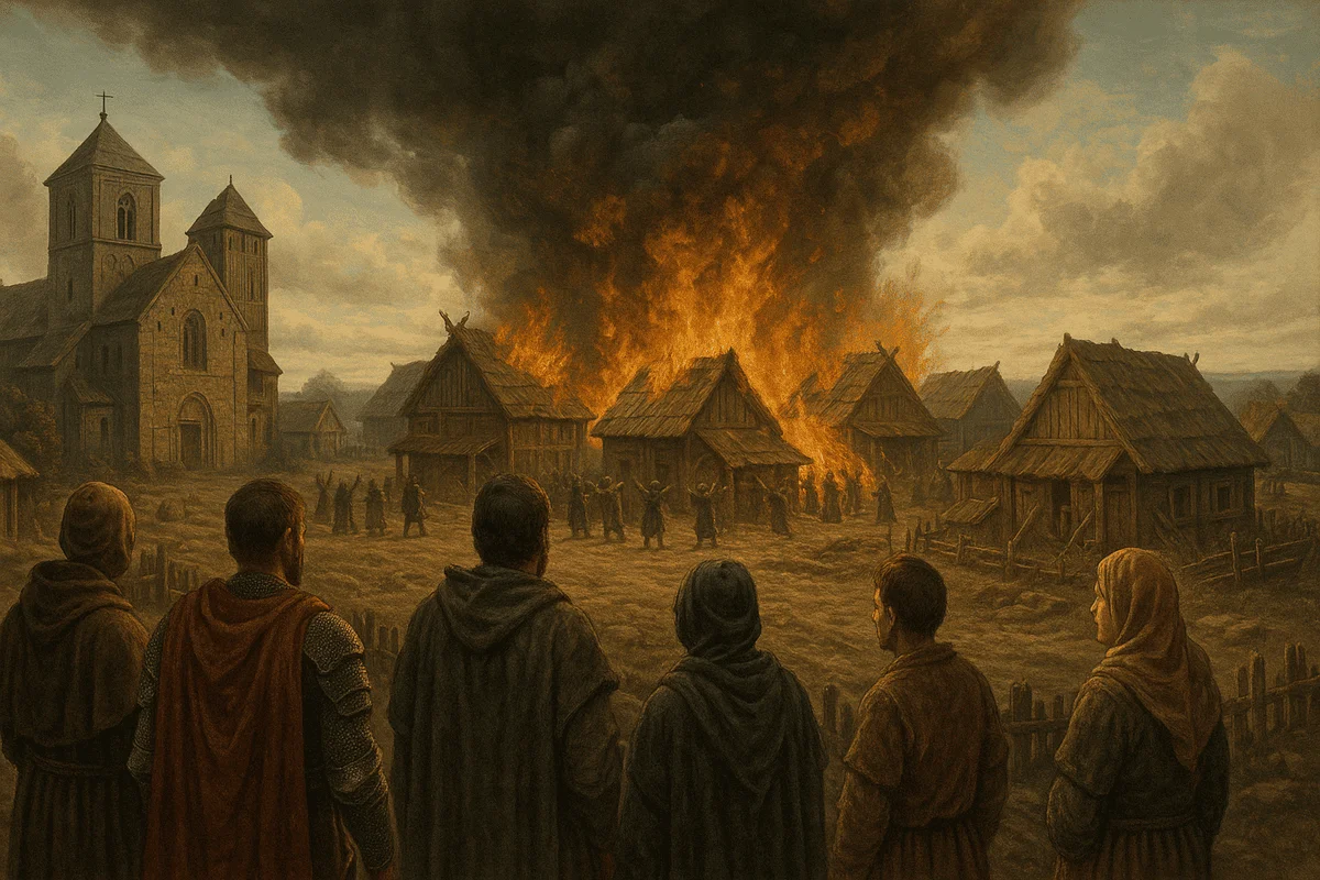 Ilustración digital del colapso de un poblado medieval en llamas, observada por habitantes con ropas de época frente a una iglesia.