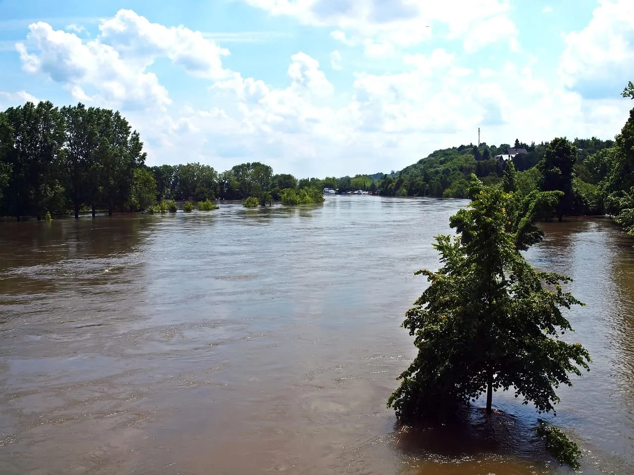 Vista de un río desbordado en un entorno natural tras lluvias intensas.