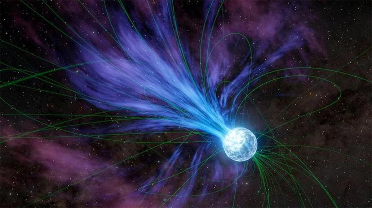 Ilustración artística de un magnetar expulsando materia al espacio, con líneas verdes que representan campos magnéticos distorsionados.