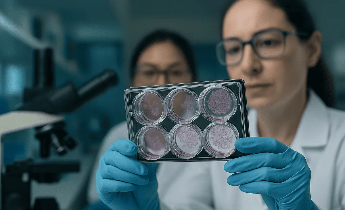 Científica observa una placa de cultivo con células tumorales en un laboratorio de investigación médica