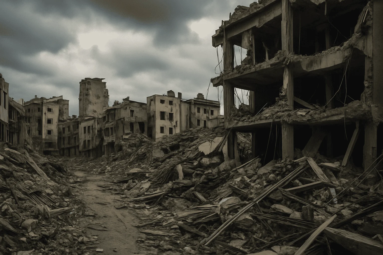 Una ciudad completamente devastada con edificios colapsados y escombros bajo un cielo nublado tras un terremoto