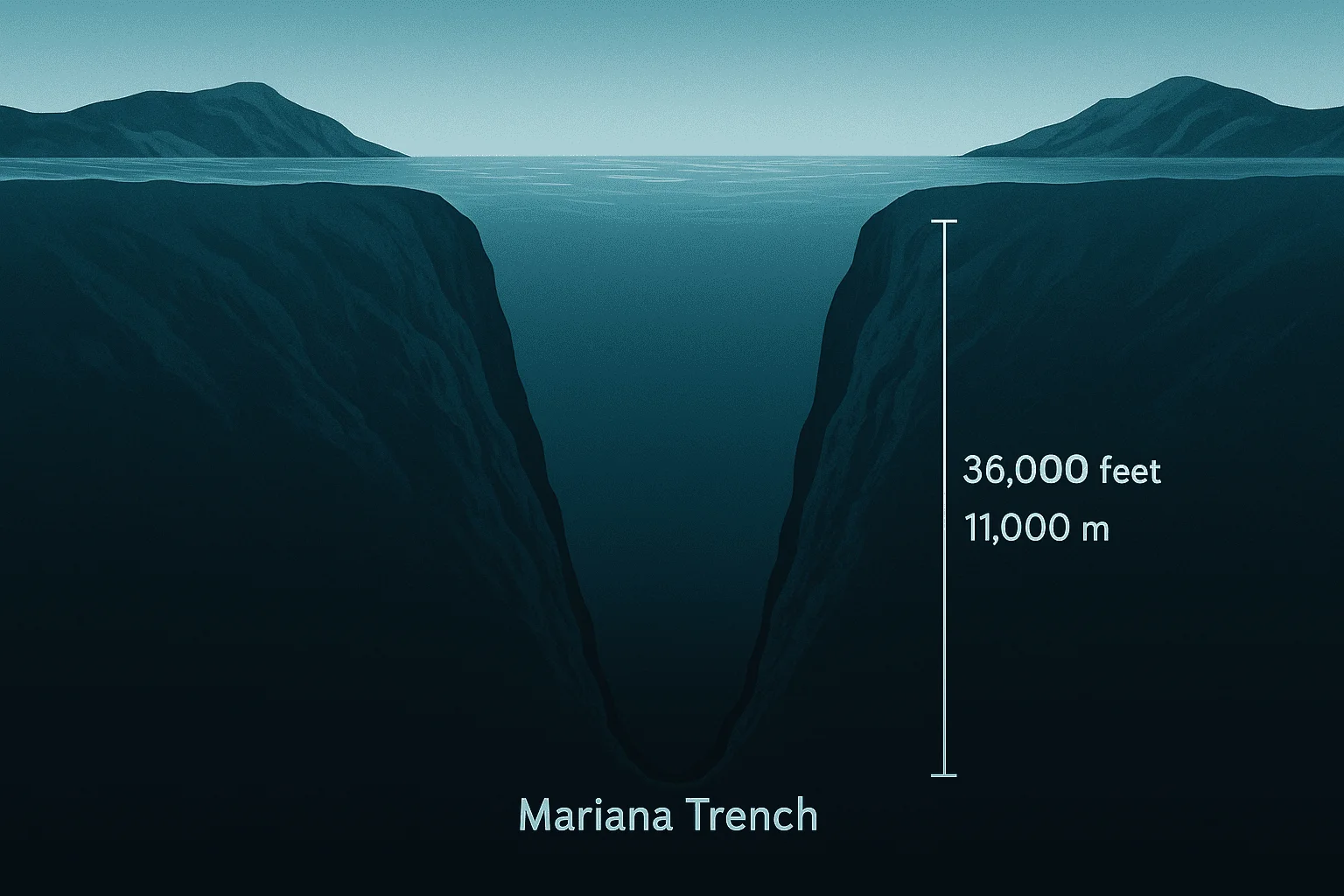 Ilustración en corte vertical de la Fosa de las Marianas, con escala de profundidad marcada hasta los 11.000 metros bajo el nivel del mar