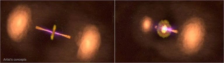 Dos vistas artísticas de la galaxia activa TXS 0128+554