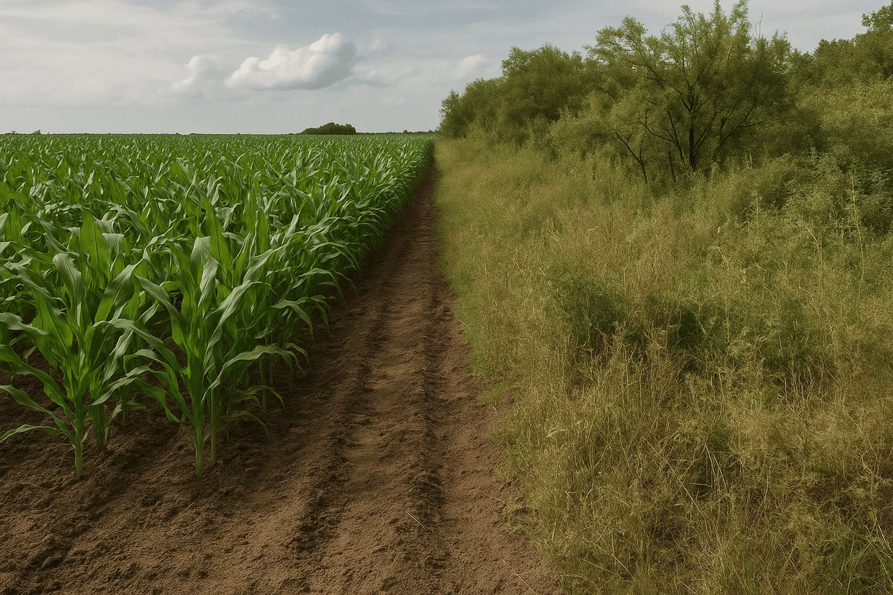 Campo de cultivo junto a un área de vegetación natural parcialmente degradada, visto desde el nivel del suelo