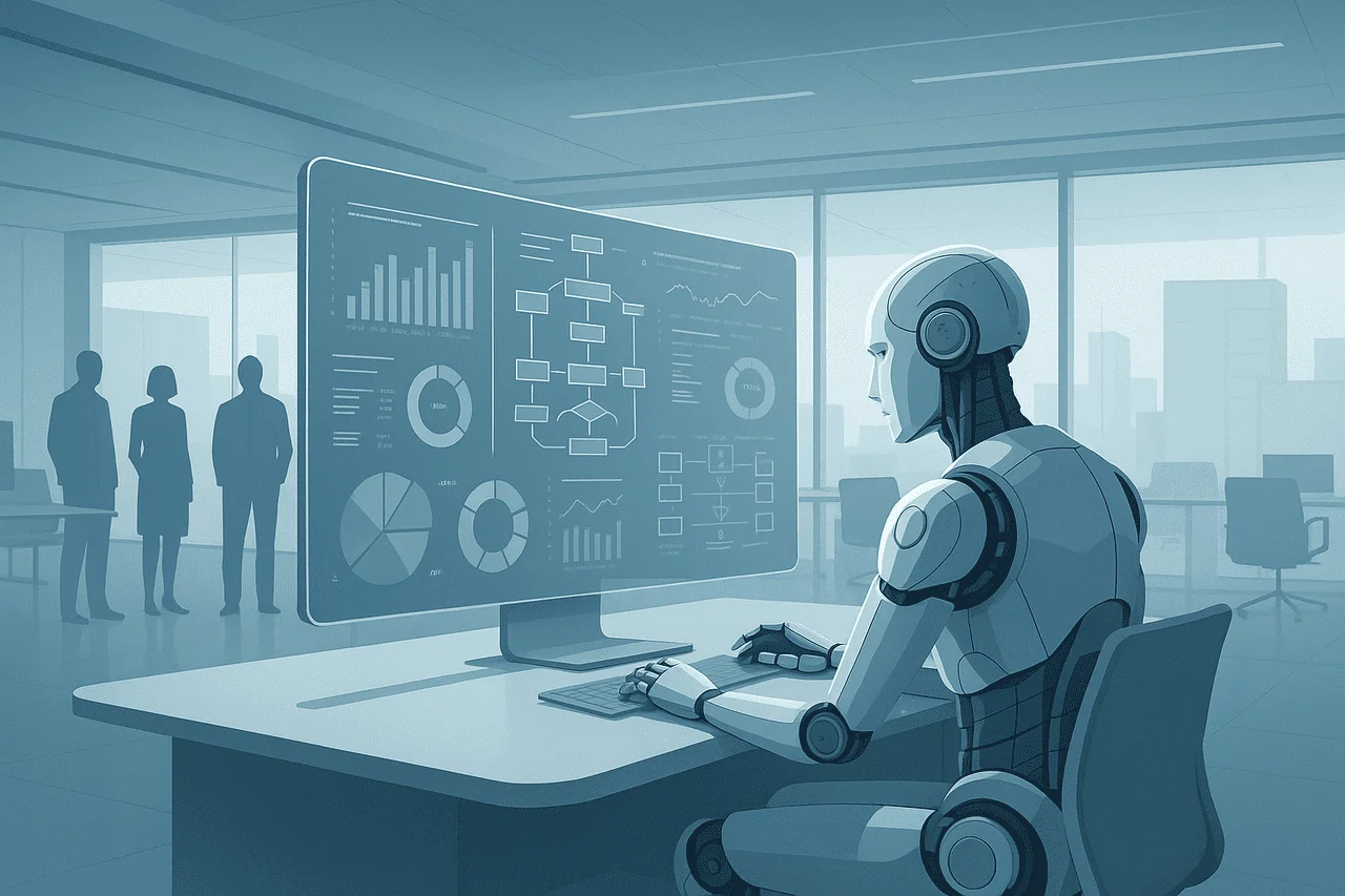 Robot analizando datos en una oficina moderna mientras humanos observan