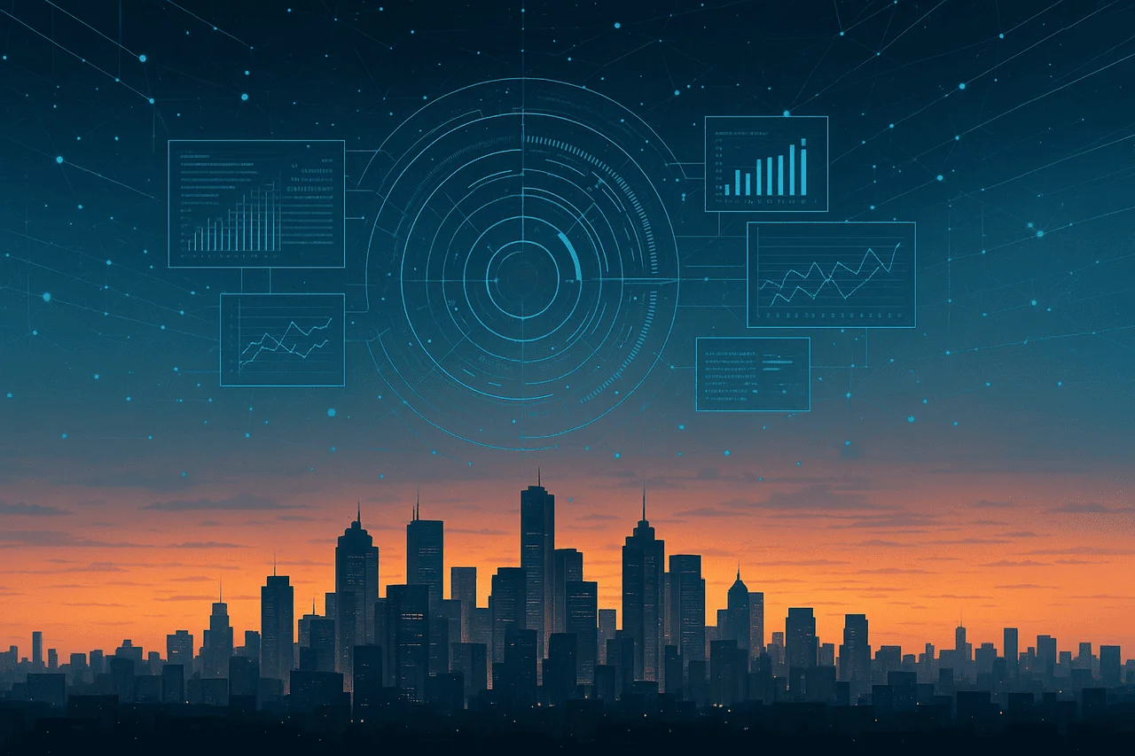Horizonte urbano moderno con paneles de datos digitales flotantes