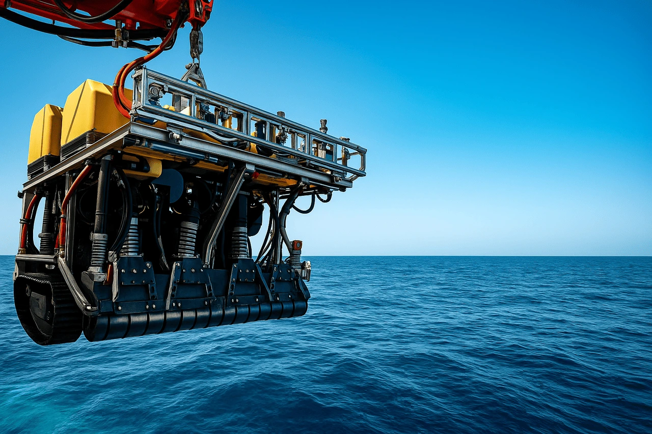 Vehículo de minería submarina suspendido sobre el océano, preparándose para sumergirse