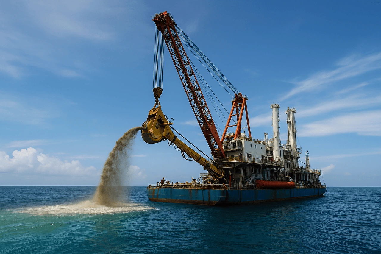 Plataforma de minería marina vertiendo sedimentos al océano durante operación de extracción