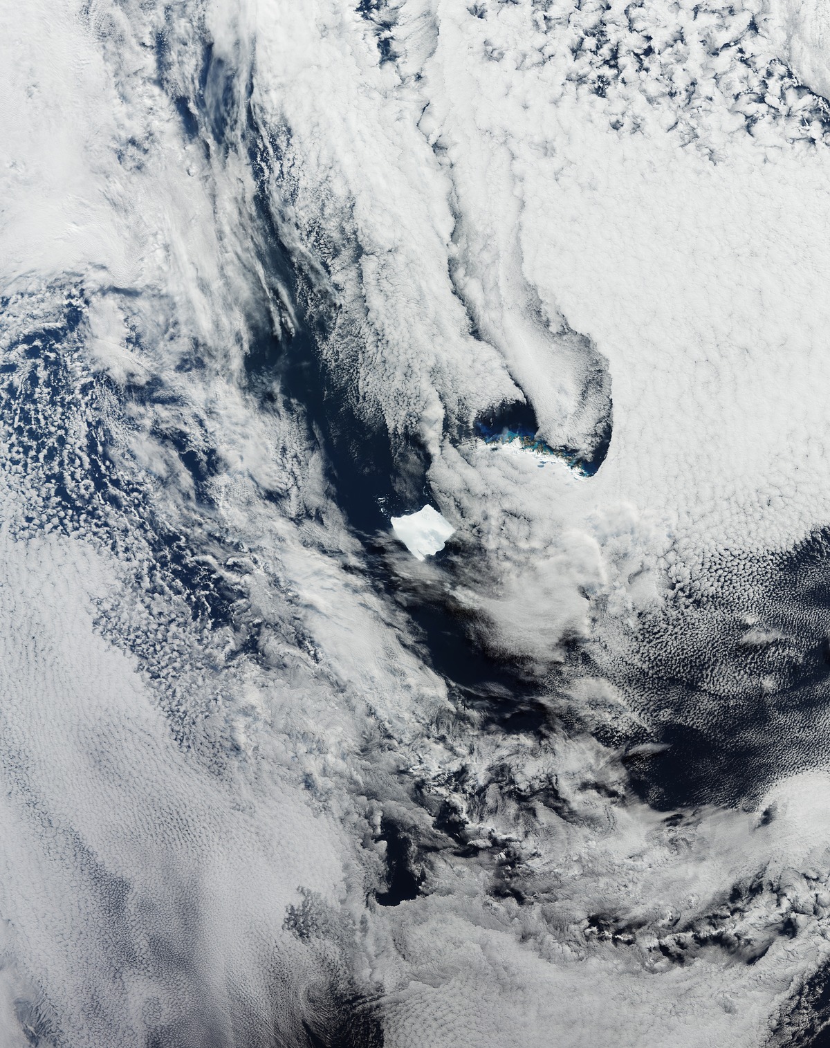 Vista del iceberg A23a desde el espacio, cerca de la isla Georgia del Sur