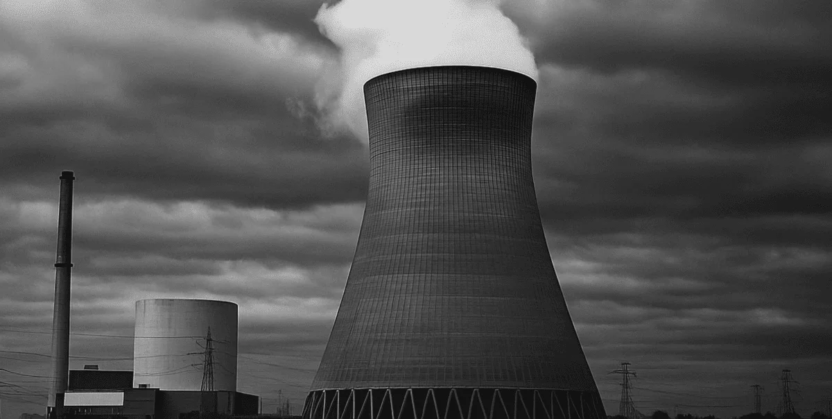 Torre de refrigeración de una planta nuclear bajo un cielo nublado, símbolo de la energía atómica en transformación