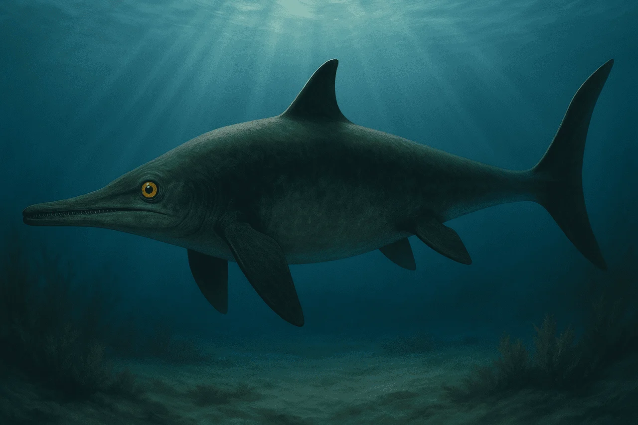 Ilustración realista de un ictiosaurio del género Leninia nadando en aguas oceánicas del Cretácico
