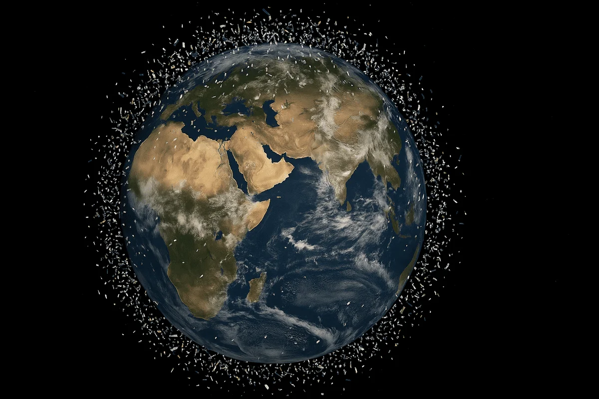 Renderizado digital de satélites y restos orbitando la Tierra